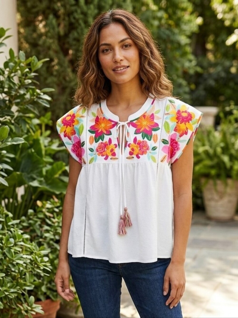 THML White Peasant Top with Pink & Orange Floral Embroidery